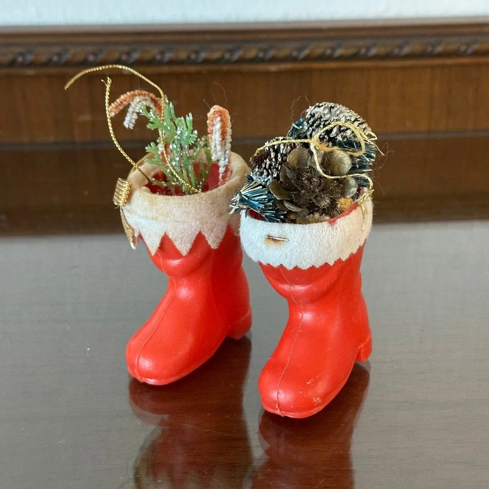Vintage Red Plastic Santa Boot Ornaments Set of 2 Mid Century Christmas Decor